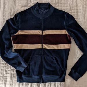 Delia's navy velour full zip sweat jacket with brown & ivory stripe, size M